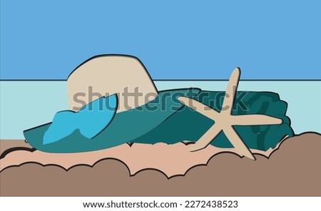 Summer vector illustration. Image of a sea beach.Illustration in cut paper style. Concept for tourism and recreation.
