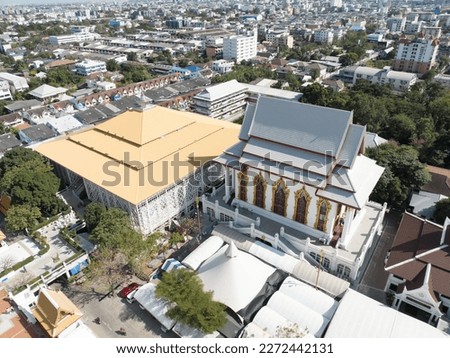Drone Shot of Thailand temple names Wat Dhammamongkol, Located in Phra Khanong, Bangkok, Thailand. Thai Language Text letter in Photo mean 1. LONG LIVE THE KING, 2. DHUMMA LAND 3. PAGODA NAME
