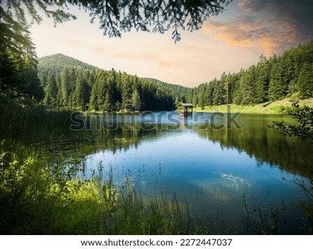 A wonderful view of the lake at sunrise. Shiin mountain lake in camping and picnic area. Spring season nature background