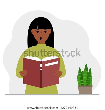 The woman is holding a large book in his hands. Vector flat illustration