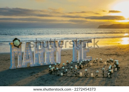 Marry me, romantic proposal on the beach at sunset in Coronado island, San Diego, California Royalty-Free Stock Photo #2272454373