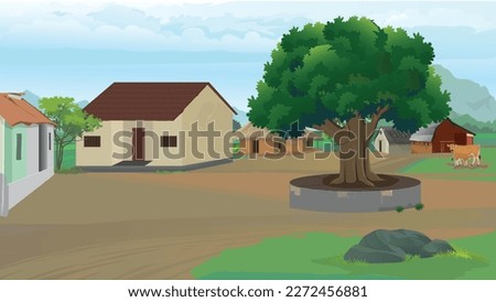 Indian Village Illustration, a village surrounded by mountains and banyan trees, cow, village meeting Royalty-Free Stock Photo #2272456881