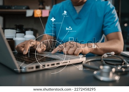 Close up of a stethoscope and digital smartphone with virtual electronic medical record of patient on interface.Digital healthcare and network on modern virtual screen, DNA medical technology.