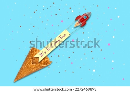 Waffle cone, and a rocket with a banner Ice cream time, on a blue background. Ice cream time concept. Food. Dessert. Background.