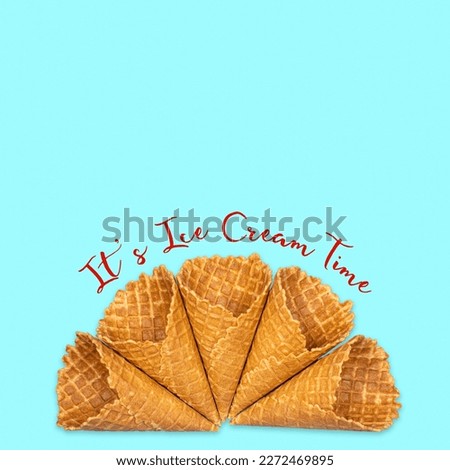 Empty waffle cones, with a pastel blue background.Copy space. Ice cream time concept. Food. Dessert. Background.