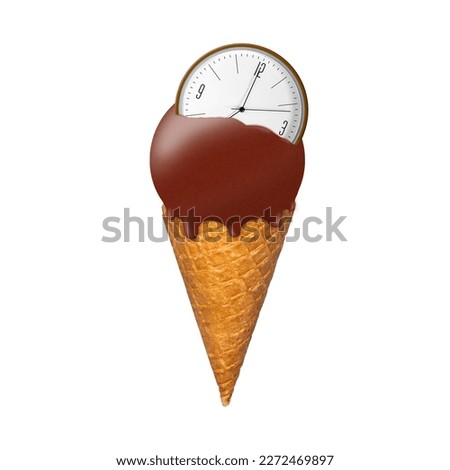 Chocolate ice cream in a waffle cone, with a clock isolated on a white background. Ice cream time concept. Food. Dessert. Background.