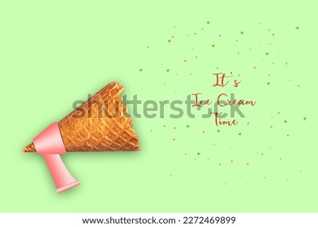 Ice cream cone, megaphone, and the words Its Ice Cream Time. Pastel green background. Concept Ice Cream. Abstraction. Background