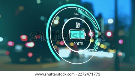 Image of interface with charging battery icon and speedometer over road. energy, power and fuel technology digital interface concept digitally generated image.