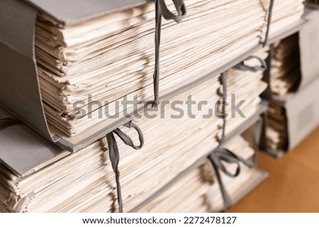 Stacks of old working Paper documents. Vintage Stacked files. Full frame