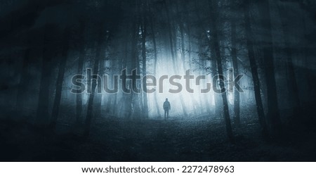 man silhouette in dark fantasy forest at night Royalty-Free Stock Photo #2272478963