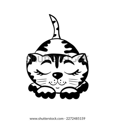 Cute hand-drawn kitty character ready to jump, a sweet kitten icon in black and white, a cartoon of a little cat with stripes 
