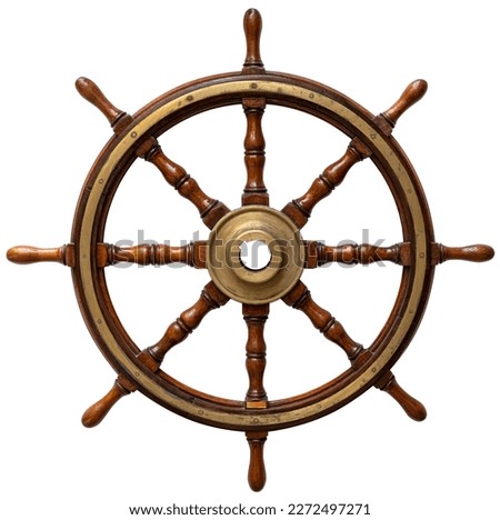 Large Old ship wooden steering wheel rudder isolated on white background Royalty-Free Stock Photo #2272497271