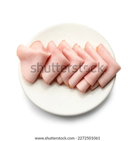 Plate with delicious ham slices isolated on white background Royalty-Free Stock Photo #2272501061