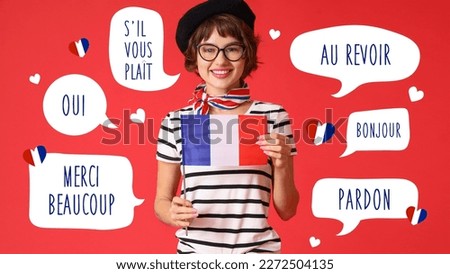 Pretty young woman with flag of France on red background. International French Language Day Royalty-Free Stock Photo #2272504135
