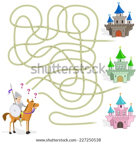 Funny Maze Game: the Cartoon Knight Choose the Way to the Castle. Vector Illustration