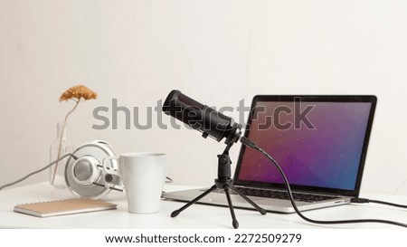 Modern Work Station, Podcast, Laptop, Mic, Headphone, office and home