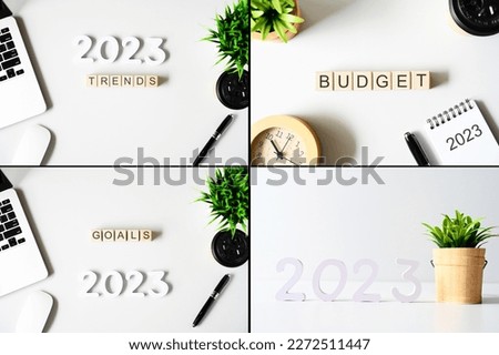 4 pictures in 1 set collection top and front trends goals budget and calendar 2023 on desk Victory Conc