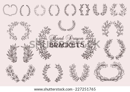 The set of hand drawn vector decorative elements for your design. Leaves, swirls, floral elements, circular frames, borders.