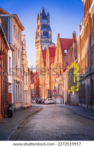 Bruges, Belgium. Sint-Salvatorskathedraal in Brugge is a Gothic-style cathedral with a tall bell tower, beautiful stained glass windows, and impressive artwork, Flanders. Royalty-Free Stock Photo #2272519917