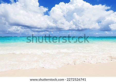 Landscape view of beautiful tropical white sand beach and turquoise sea in sunny day in Punta Cana, Dominican Republic. Empty tropical beach background. Horizon with sky and white sand Royalty-Free Stock Photo #2272526741