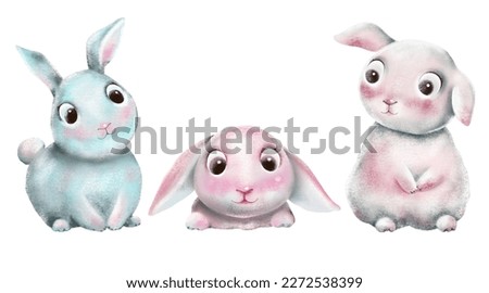Cute Easter bunnies characters isolated on white background. Cartoon rabbit illustrations. Easter clip art.