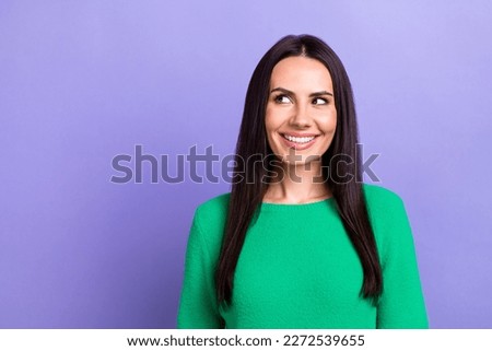 Closeup portrait photo of charming optimistic brunette hair lady wear stylish pullover watch empty space advert isolated on violet color background