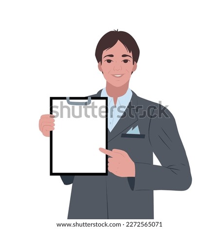 A young business man shows an empty notebook. a man holds an empty notebook in his hands. Male character design. Modern lifestyle. Vector flat illustration