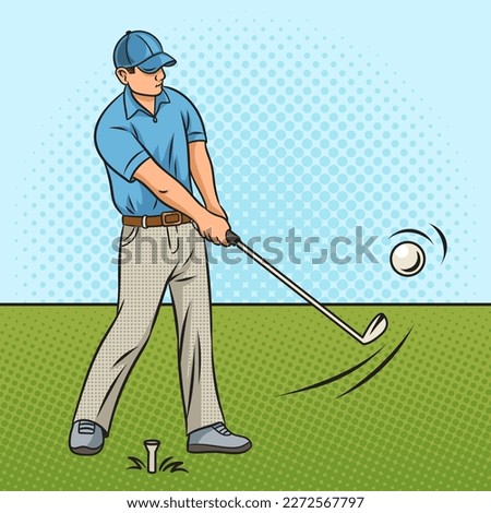 Golf player with bat club pinup pop art retro vector illustration. Comic book style imitation.