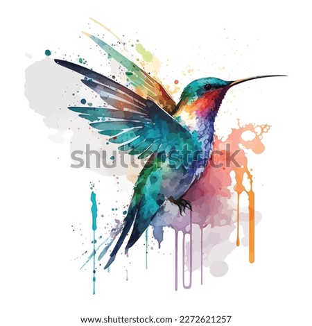 Hummingbird watercolor illustration. Watercolor isolated bird, flying multi-colored hummingbird isolated on white background. Colorful tropical Hummingbird in flight with splash and drops.