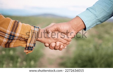 Deal, handshake and agriculture partnership at farm for sustainability teamwork, agreement or collaboration. Welcome, thank you and people, man and woman shaking hands for b2b, trust and support. Royalty-Free Stock Photo #2272636015