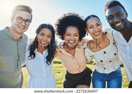 Friends, diversity and bonding hug in park, nature environment or sustainability garden for profile picture, travel fun or summer holiday. Portrait, smile and happy men, women and people in location