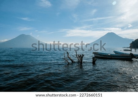A heron sits on a dead tree in the water with a volcano in the background and a boat in the middle ground on Lake Atitlan, Guatemala