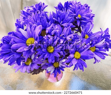 A bouquet of purple artificially colored daisies displayed on an outdoor table on the North Fork of Long Island, NY