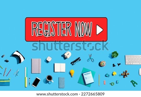 Register now with collection of electronic gadgets and office supplies