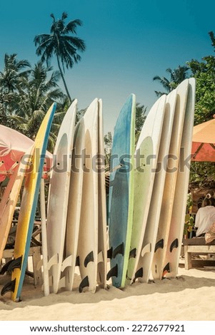 Different surf boards in stack for rent by ocean on sandy Hiriketiya Beach near Dickwella in Sri Lanka. Outdoors. Sunny days. Surf boards for beginner and advanced. Vertical format.