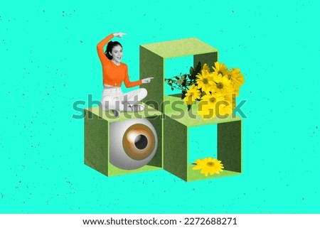 Artwork magazine collage picture of excited lady sitting shelves pointing fingers eyes isolated drawing background