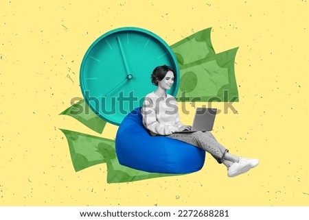 Creative photo illustration 3d collage of positive beautiful woman look at laptop making money online isolated painting background