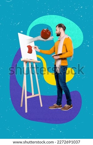 Artwork magazine collage picture of creative guy drawing realistic apple isolated drawing background
