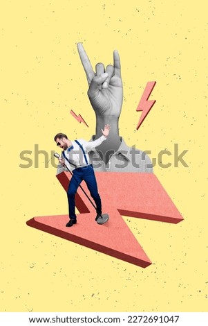 Photo sketch graphics collage artwork picture of cool guy singing mic person hard rock sign instead of head isolated drawing background