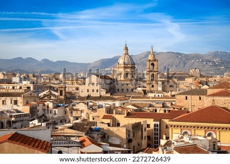 Palermo, Sicily town skyline with landmark towers in the morning. Royalty-Free Stock Photo #2272726439