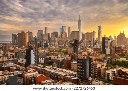 New York, New York, USA Lower Manhattan city skyline rooftop view at dusk.