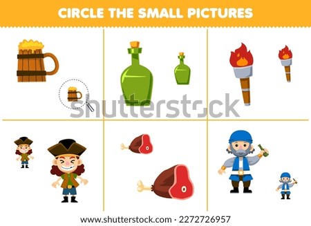 Education game for children circle the small picture of cute cartoon meat bottle torch boy and old man printable pirate worksheet
