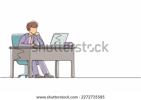 Single continuous line drawing businessman writing sitting in front of laptop at table. Young male studying and writing in notebook, at desk in front of computer. One line draw graphic design vector