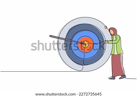 Continuous one line drawing Arab businesswoman hugs and stands next to circle of target, arrow that hit target right in middle, analyze result of achievement within company. Single line design vector