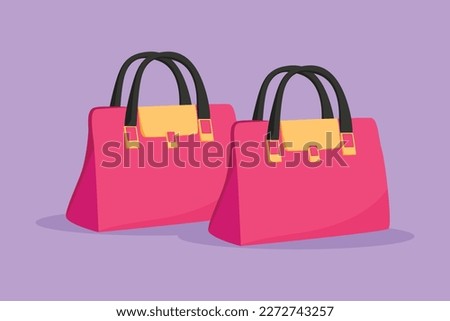 Graphic flat design drawing stylized woman handbags collection of fashionable items symbol. Bags with zippers, pockets, handles and adjustable shoulder straps lace. Cartoon style vector illustration