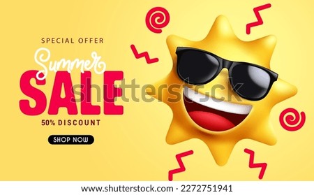 Summer sale vector banner design. Summer sale text special offer 50% off with cute sun emoji character. Vector illustration summer sale promo background.