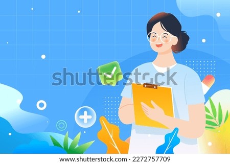 International nurses day, nurse holding love flower with flowers and medical supplies in background, vector illustration