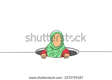 Single continuous line drawing Arabian businesswoman trying to get out of from hole, metaphor to facing big problem. Business struggles. Strength for success. One line draw design vector illustration