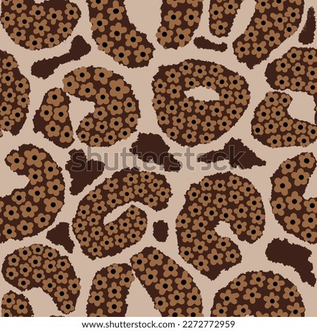 Hand drawn seamless pattern of leopard print with floral flowers. Beige brown cheetah abstract animal skin fur print, safari fashion design, retro vintage mid century modern print with daisty art