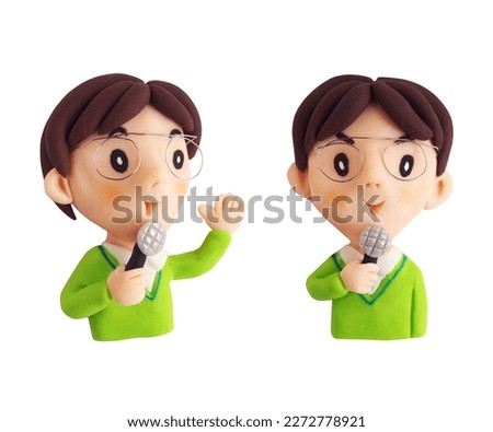 Set of 2 patterns of upper body of man with glasses speaking at microphone(clay)